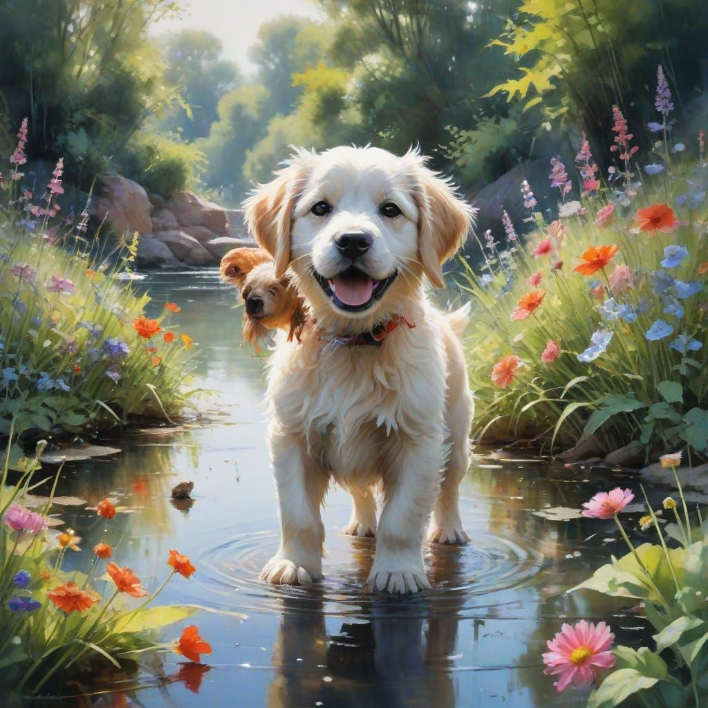 Puppy and Owner in Sunlit River Garden