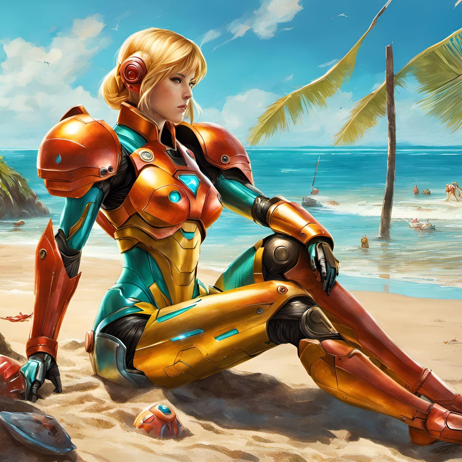 Samus Aran Relaxing on the Beach, Hyper Detailed