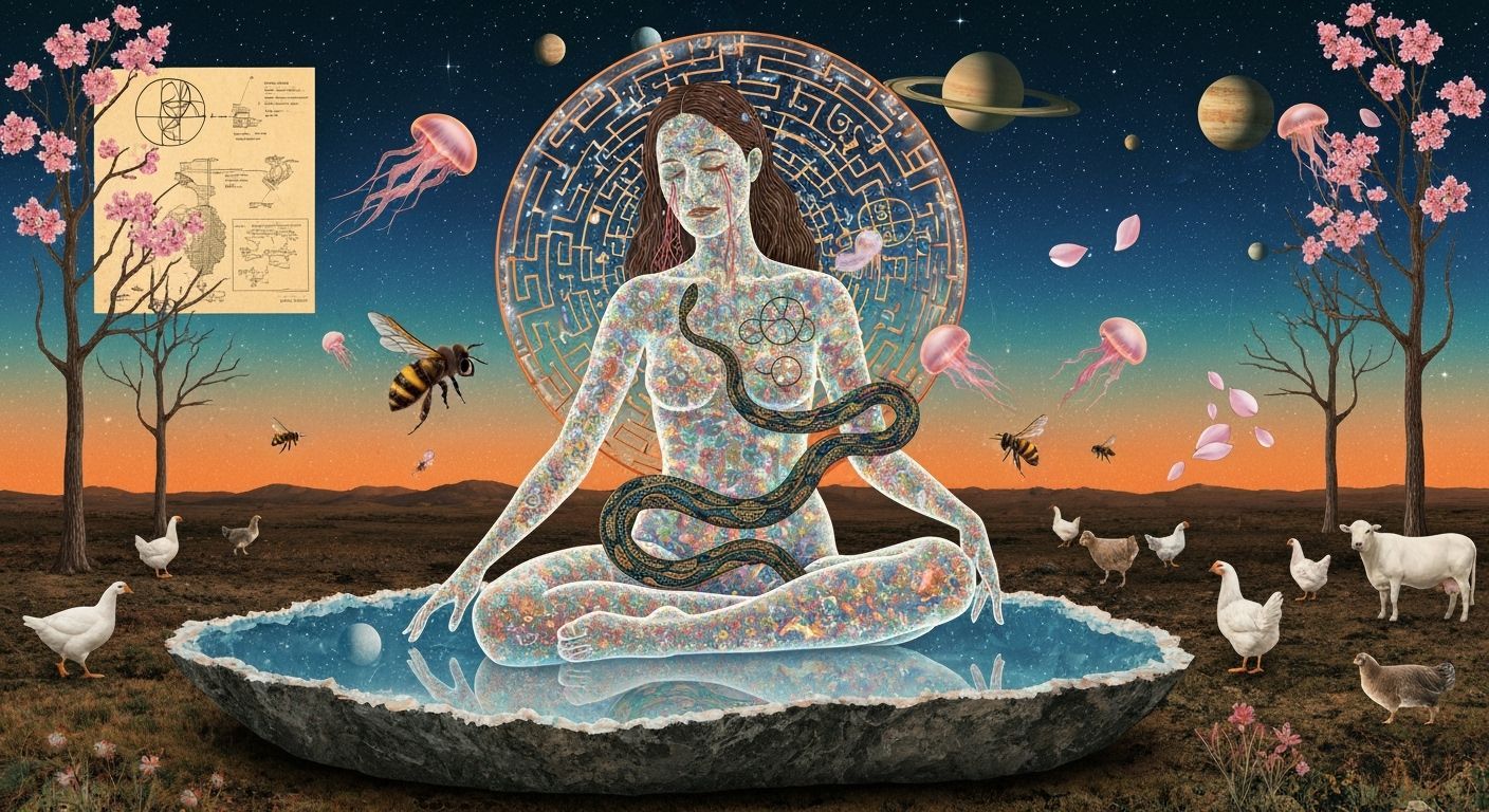 Druids in Dream Plasma Adorn Bioluminescent Seer in Geode