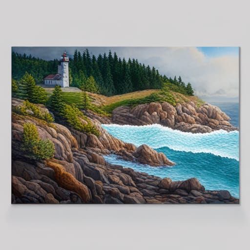 Dramatic Rocky Coastline Photograph with Lighthouse