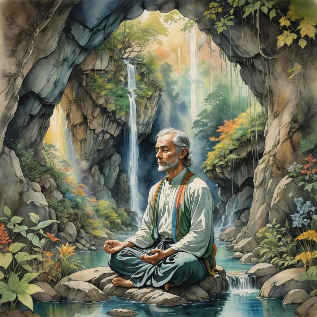 Meditating Man in Sacred Cave Landscape
