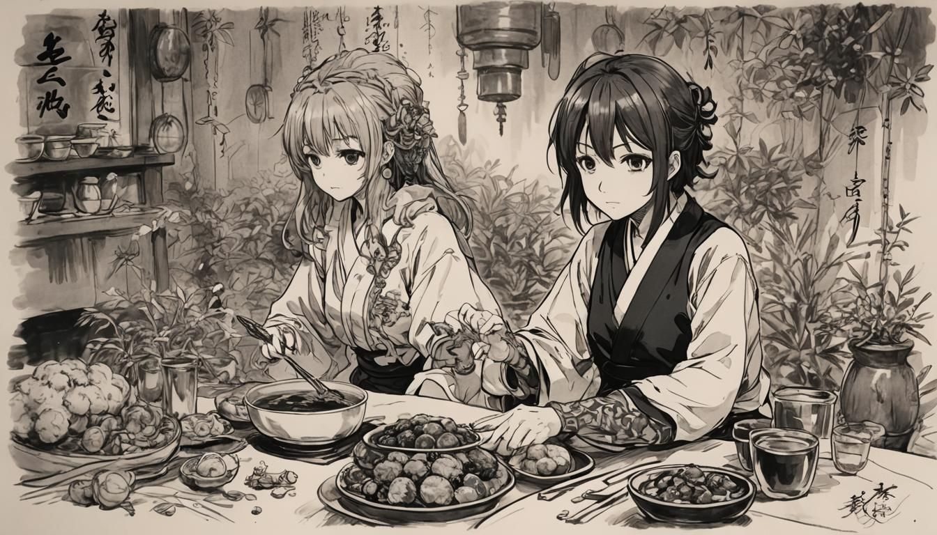 Family Making Dumplings in Anime Style