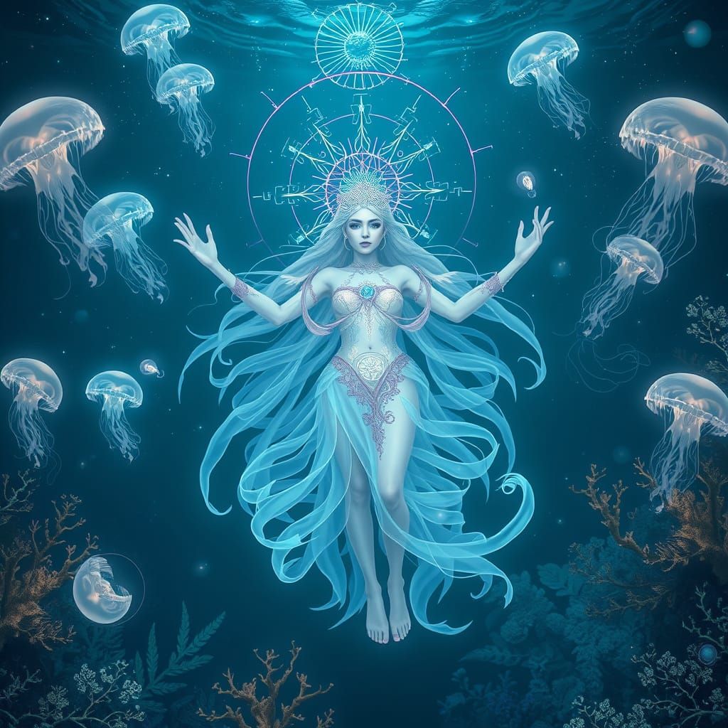 Celestial Sea Goddess in Bioluminescent Abyss