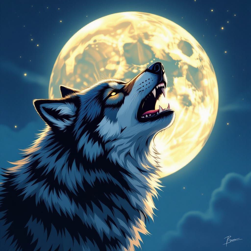 Fierce Wolf Howling at Full Moon Comic Art