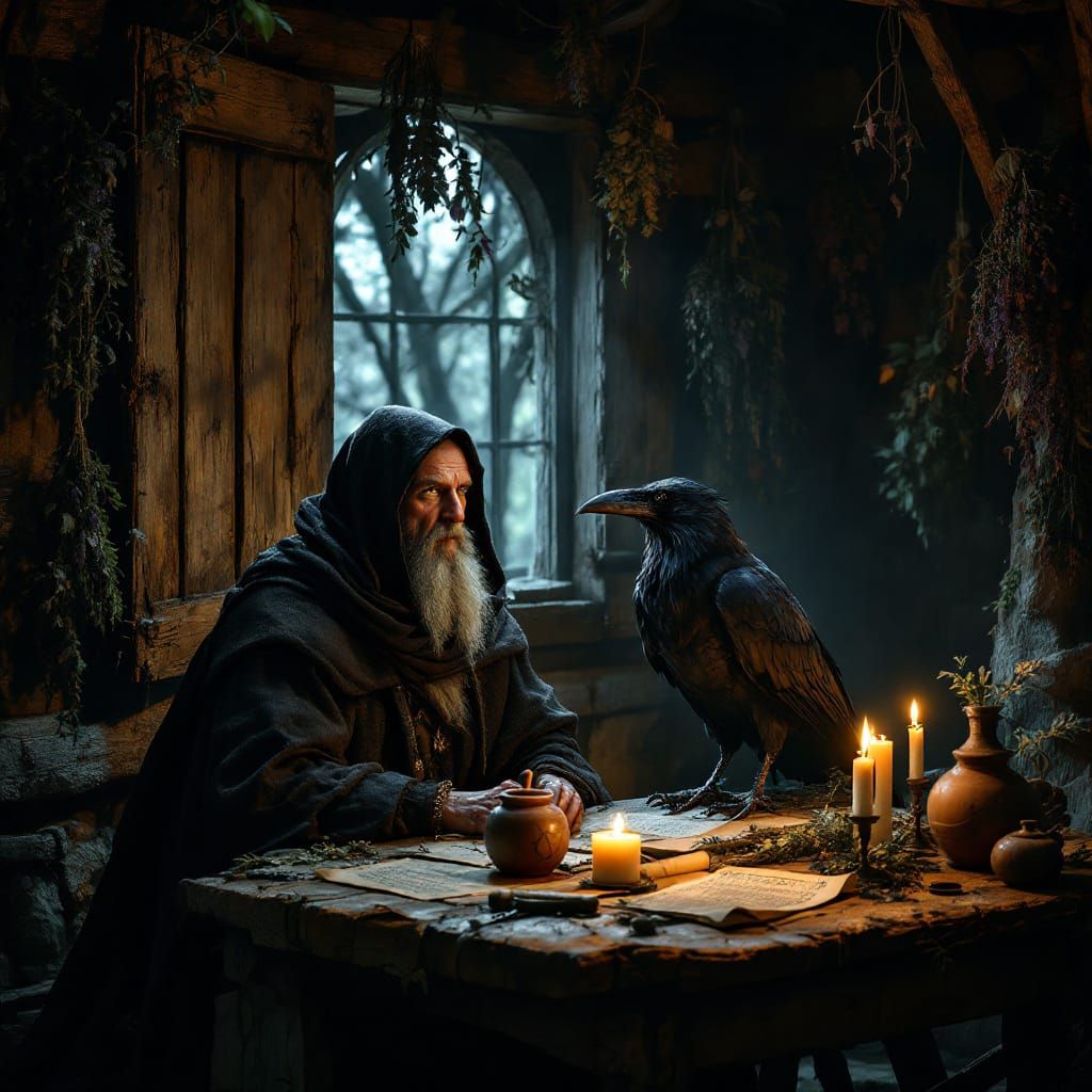 Medieval Witch in Dim Forest Hut with Ancient Raven