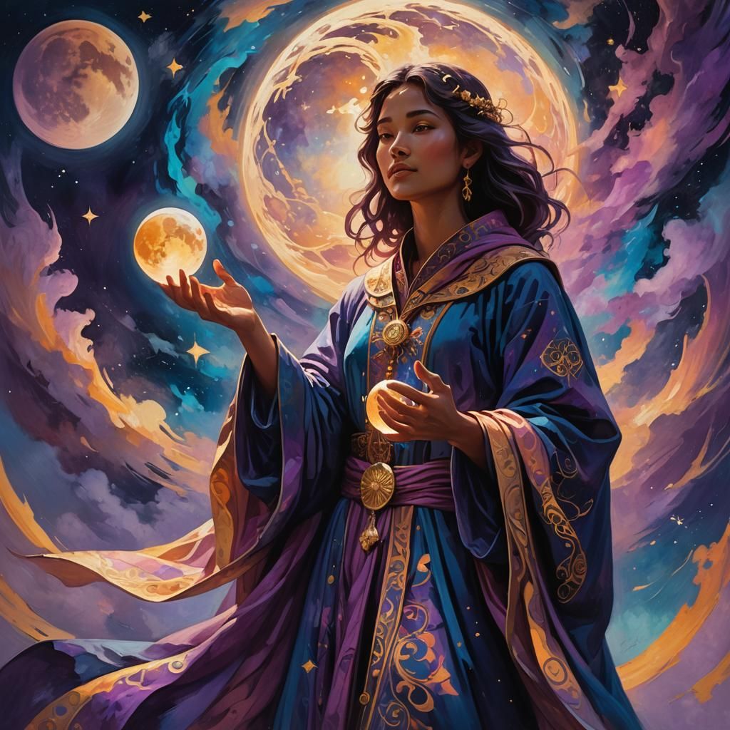 Figure Holding Moon: Vibrant Oil Painting