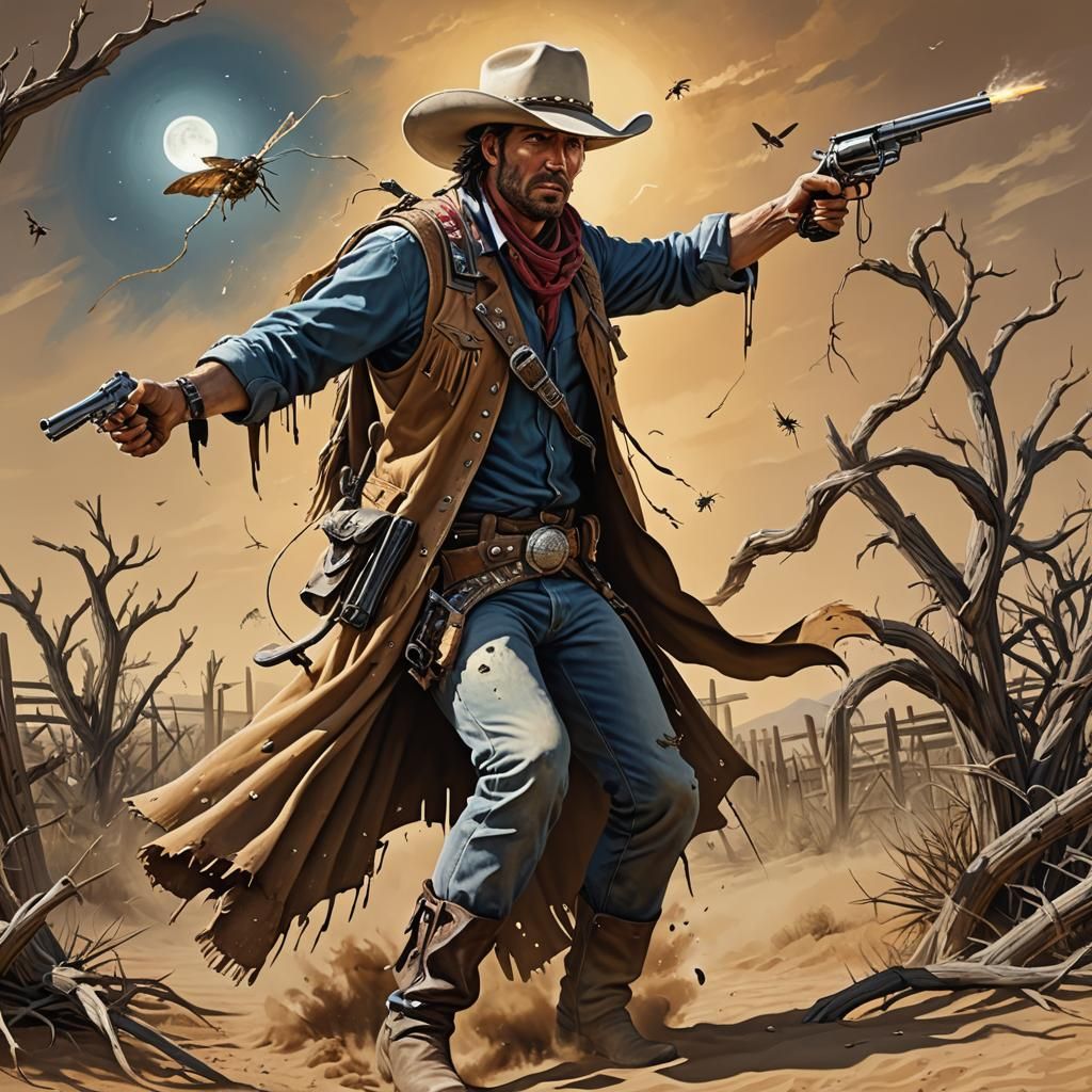 Hyperrealistic Gunslinger in Barren Landscape with Dramatic ...