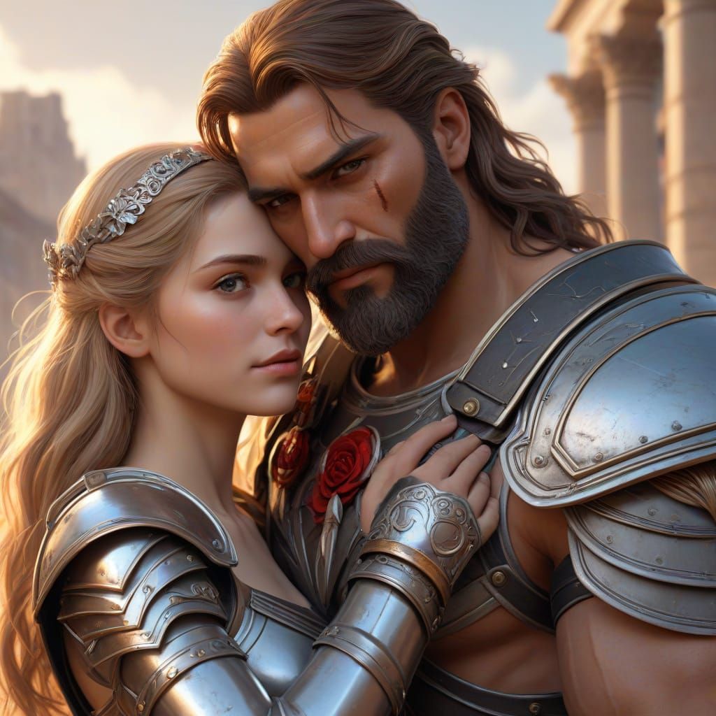 A stunning, close portrait of Ares, the God of War, with little Princess Jane.