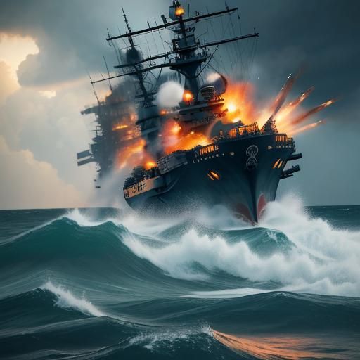 Cannons Firing on Warship in Stormy Sea