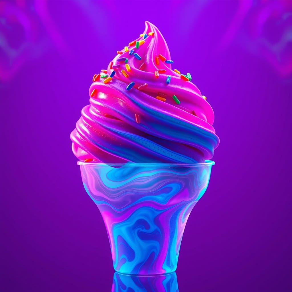 Glowing Neon Ice Cream in Vibrant Rainbow Sprinkles on Deep....
