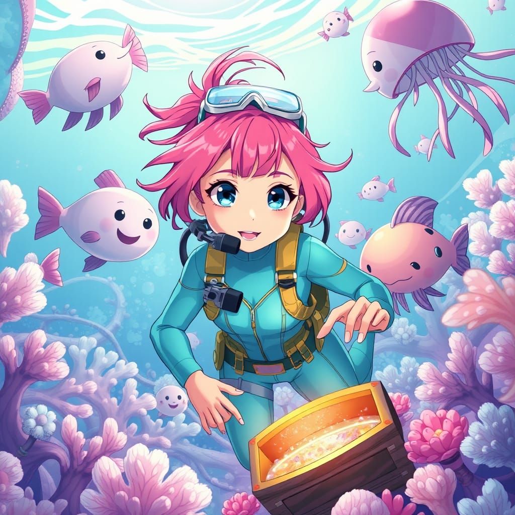 Anime Heroine Discovers Underwater Treasure in Pastel World