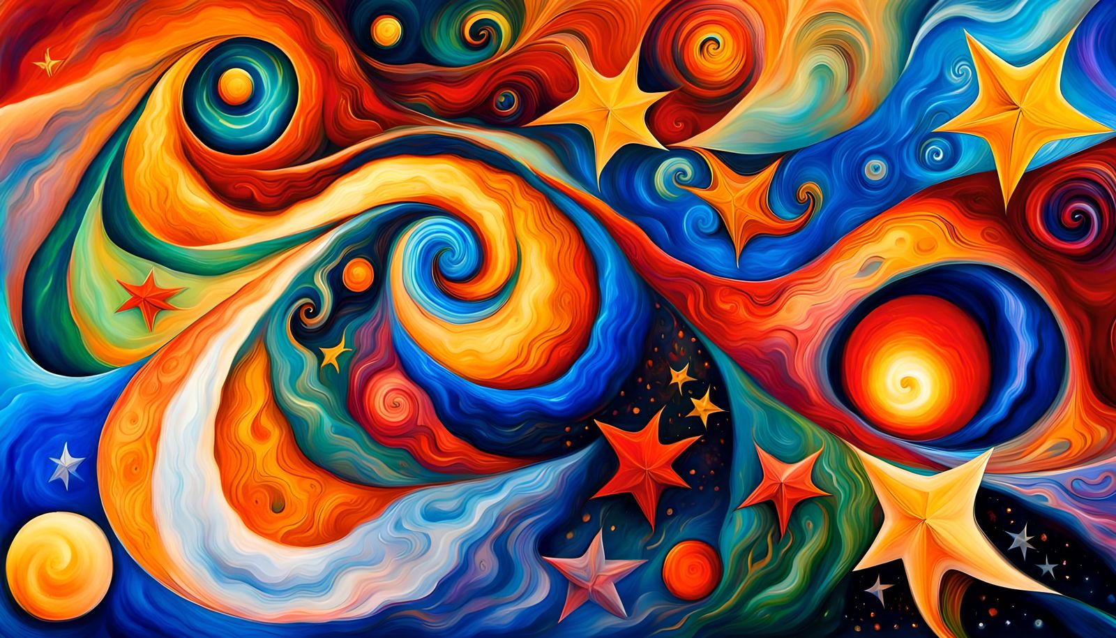 Cosmic Star Beings Dance in Dreamy Oil Painting
