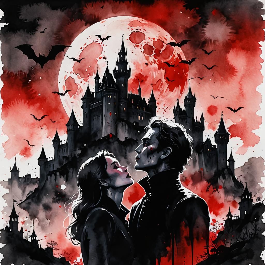 Vampire Silhouettes in Watercolor Horror Scene