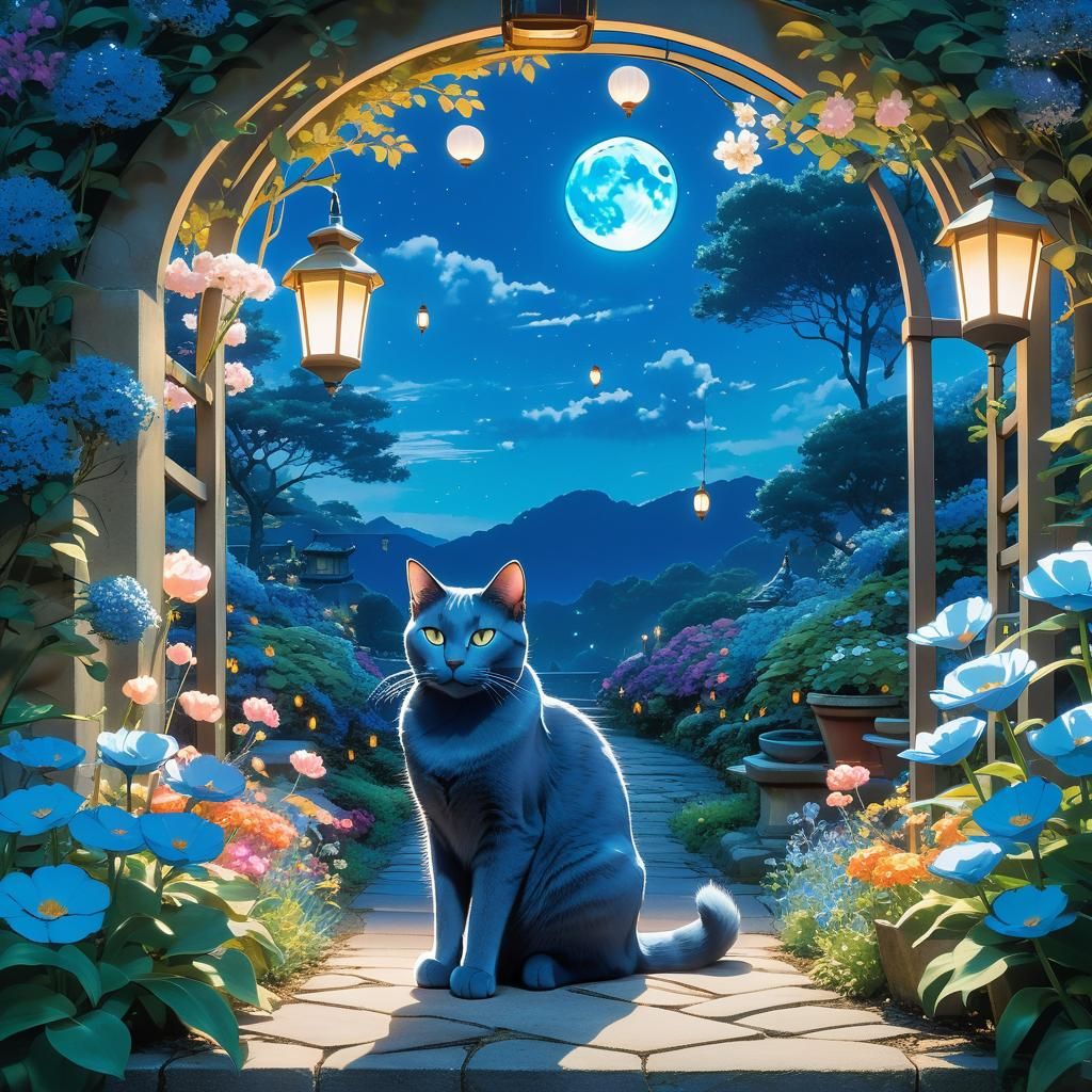 Blue cat in the moonlight