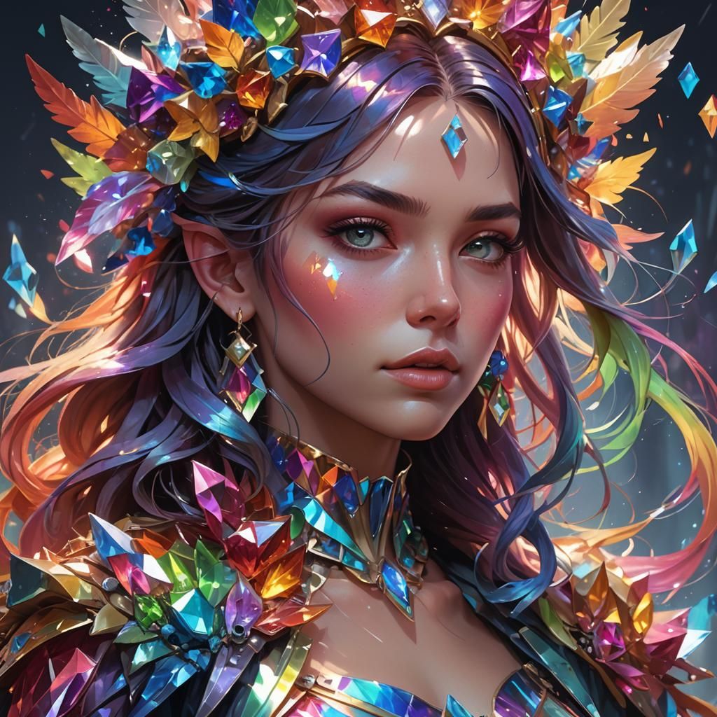 Rainbow Crystal Girl Portrait in Hyperdetailed Style
