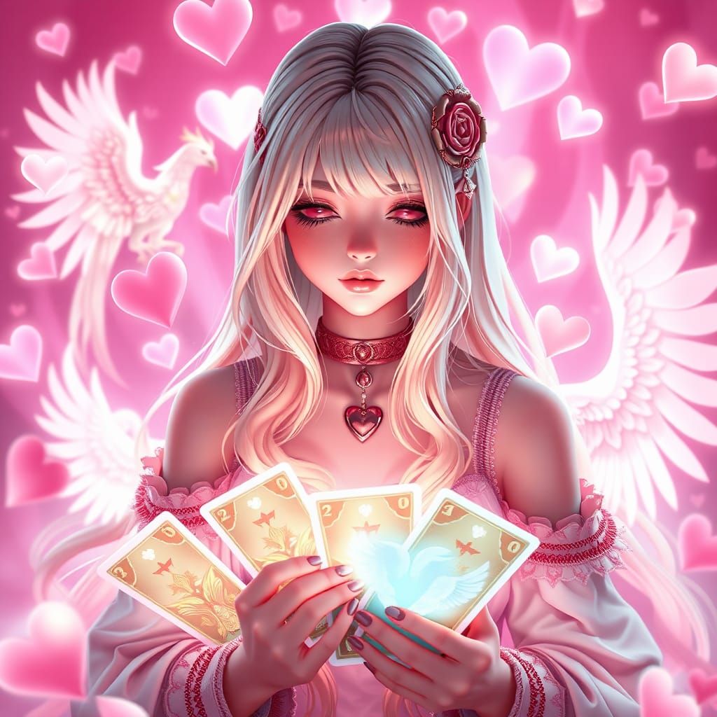 Blonde Tarot Reader with Love Phoenix Hearts in Anime Art