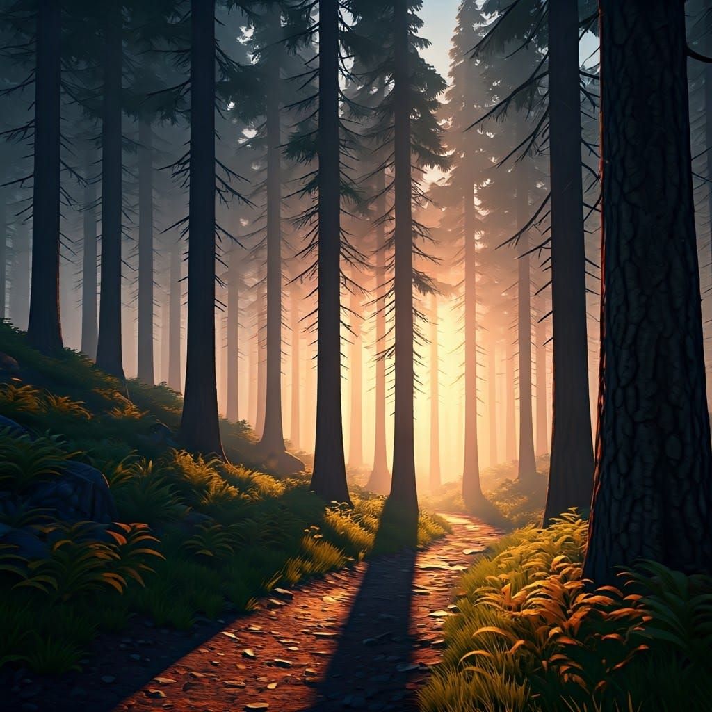 Serene Forest at Dawn in 3D Anime Style