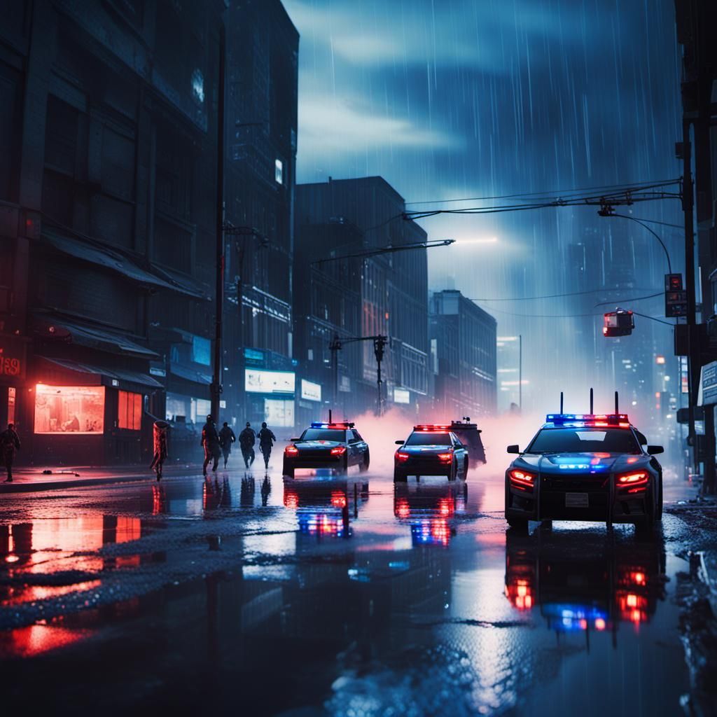 Futuristic Police Chase in Dystopian Cityscape