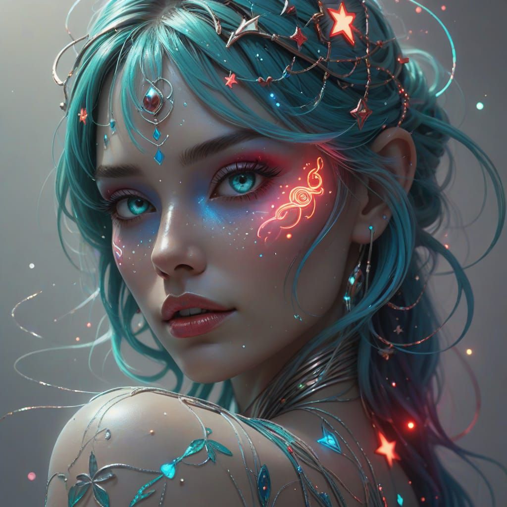Cyberpunk Woman with Neon Hair and Glowing Circuit Paint