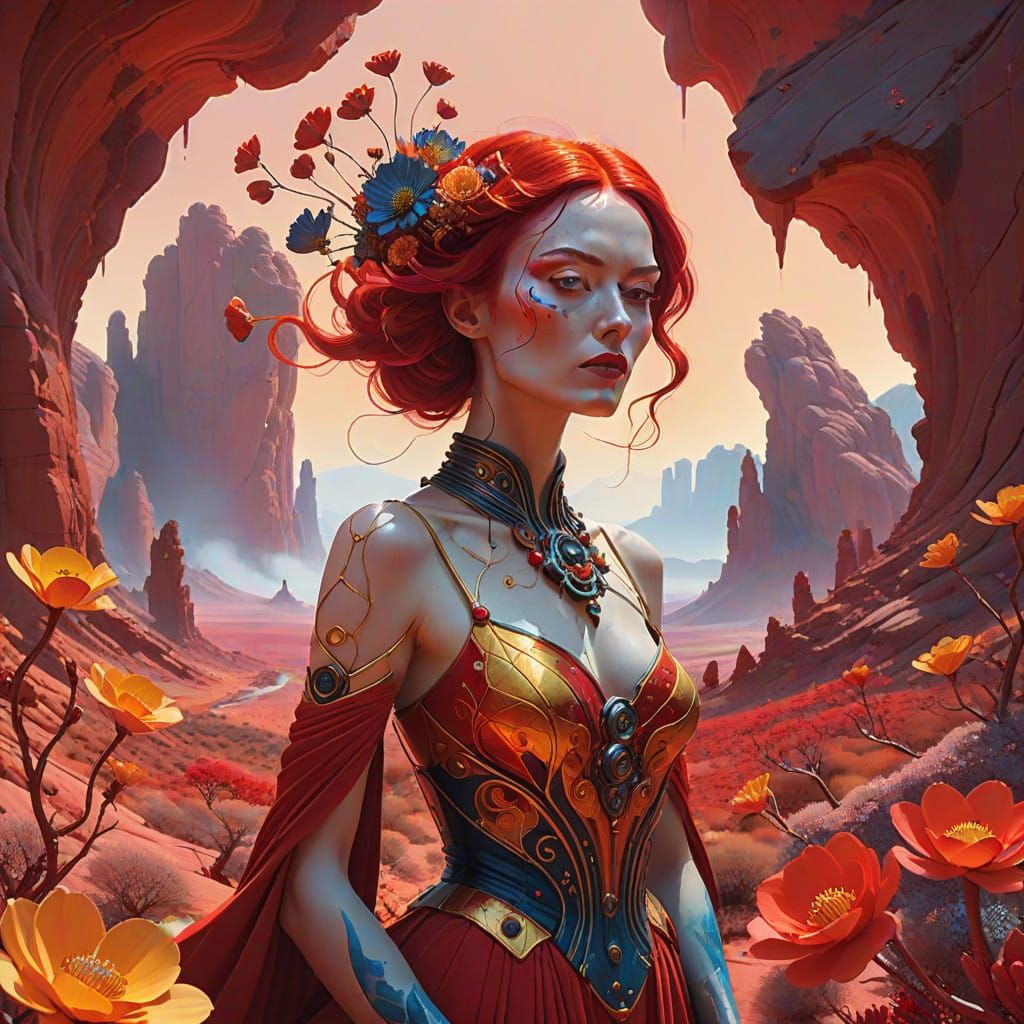 Surrealist Masterpiece in Vibrant Red: A Regal Figure Surrou...