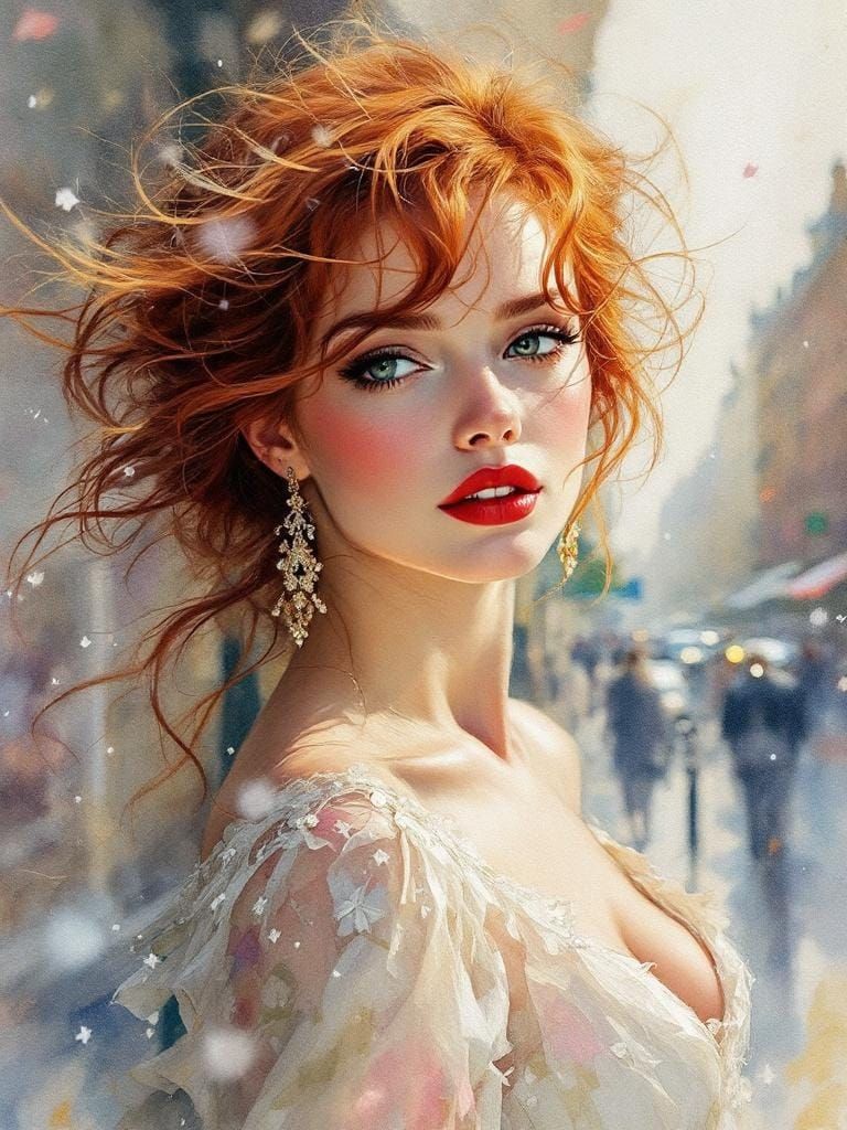 Ethereal Redhead in Paris, Watercolor Painting