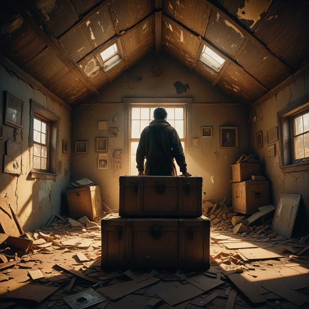 Eerie Surrealist Attic Scene in Golden Light