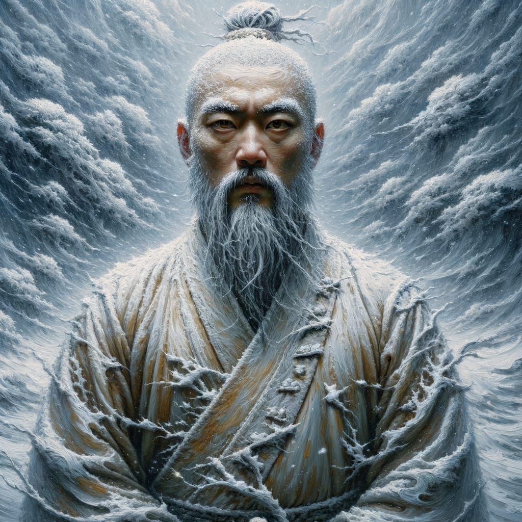 Shaolin Monk in Snowstorm: Classical Oil Painting