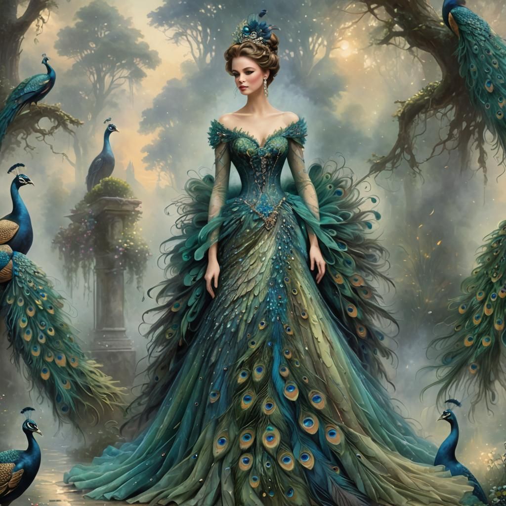 Ethereal Peacock Feather Evening Gown