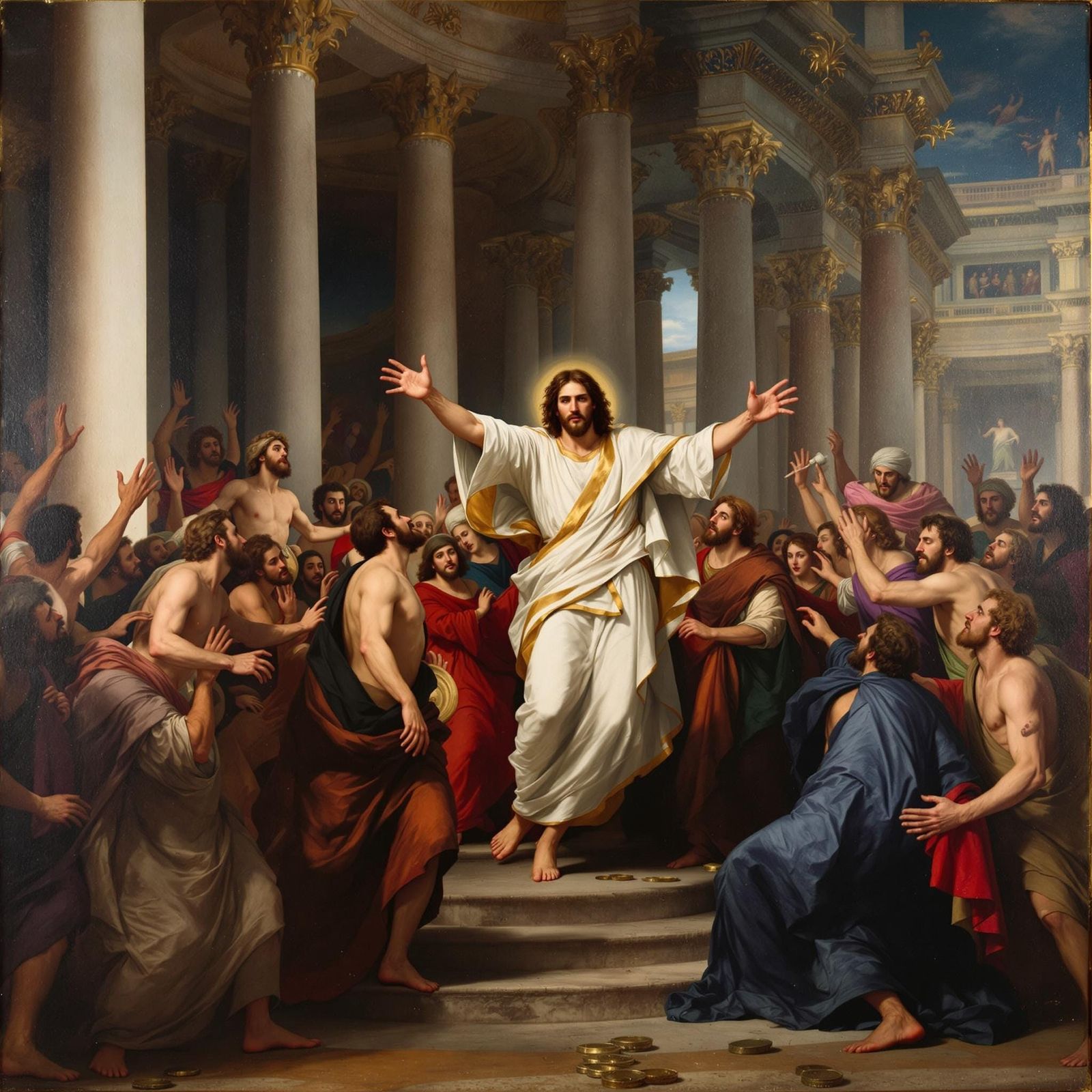 Elongated Figures of Jesus Expel Money Changers in a Vibrant...