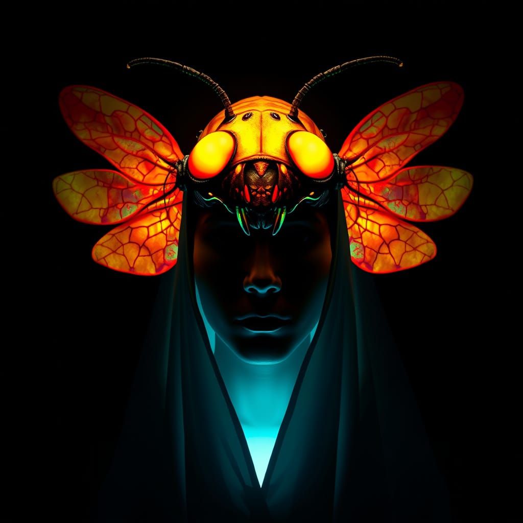 Glowing Insect Mask Adorns Mysterious Figure