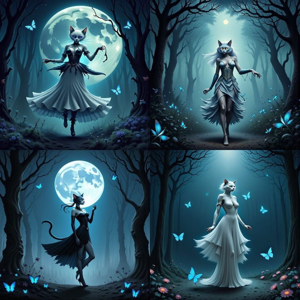 Ethereal Cat Goddess Dancing Under Moonlit Blooms