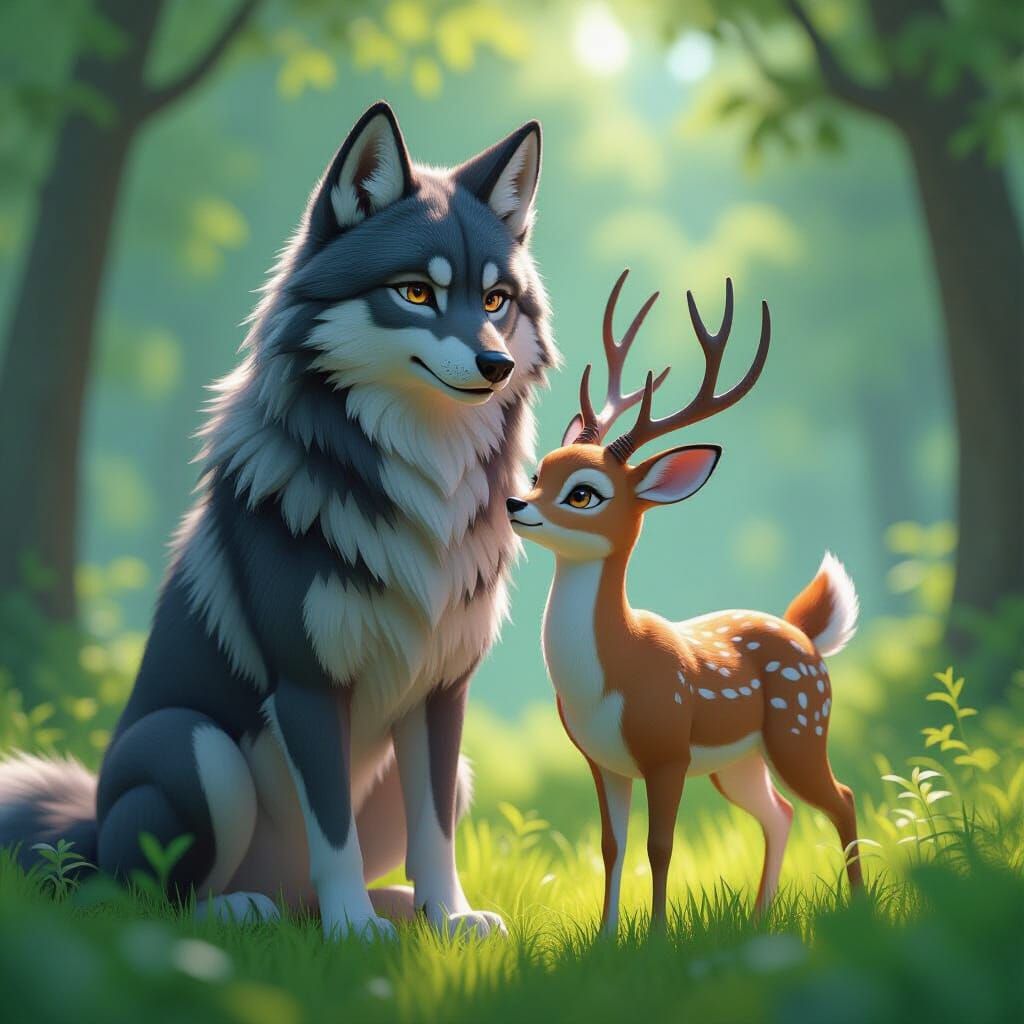 Wolf and Deer in Harmony, Vibrant 3D Anime Style