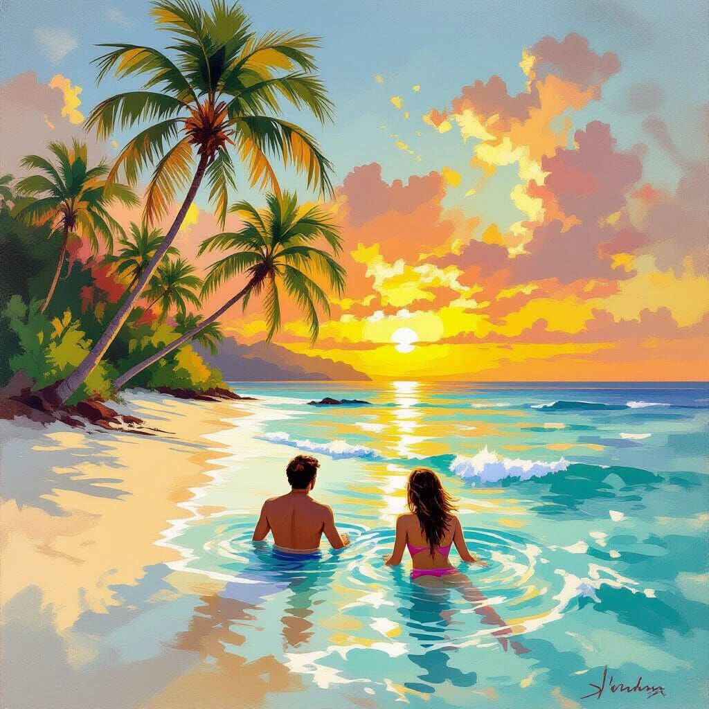Island Sunset with Swimmers, Classical Landscape Style