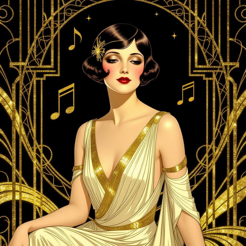 Art Deco Woman in Gold Gown with Musical Patterns