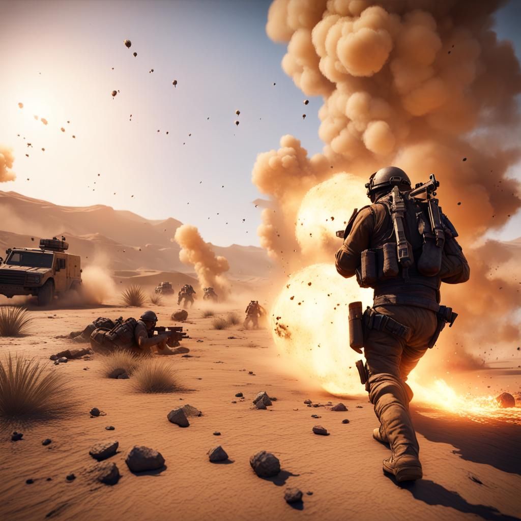 Violent Desert War in 3D Cinematic Style