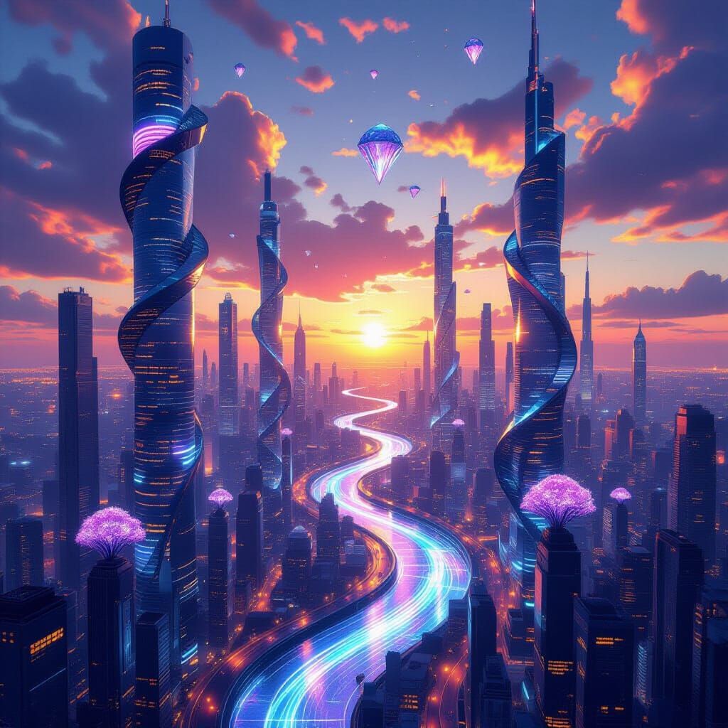 Surreal Sunset Cityscape with Glowing Rivers and Crystal Isl...