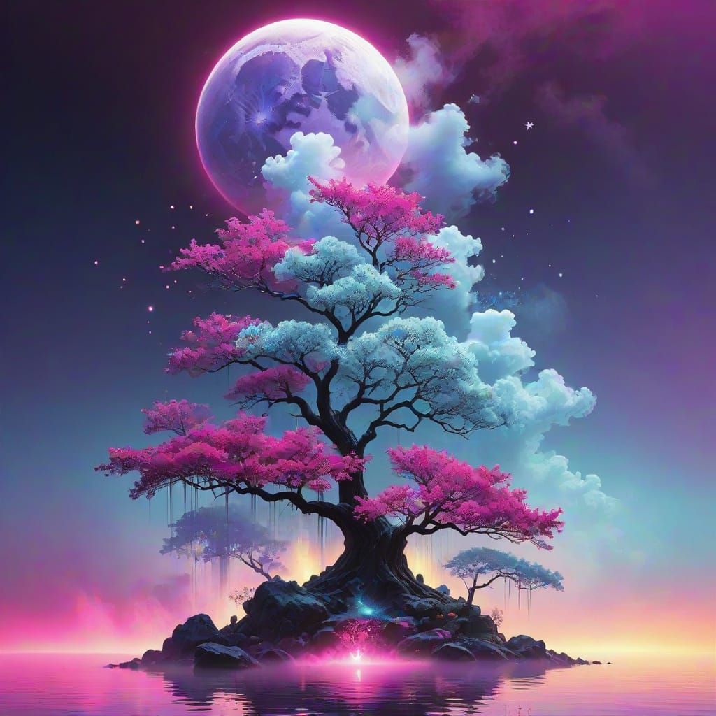 Vibrant Biophilic Sunset Art with Glowing Mists