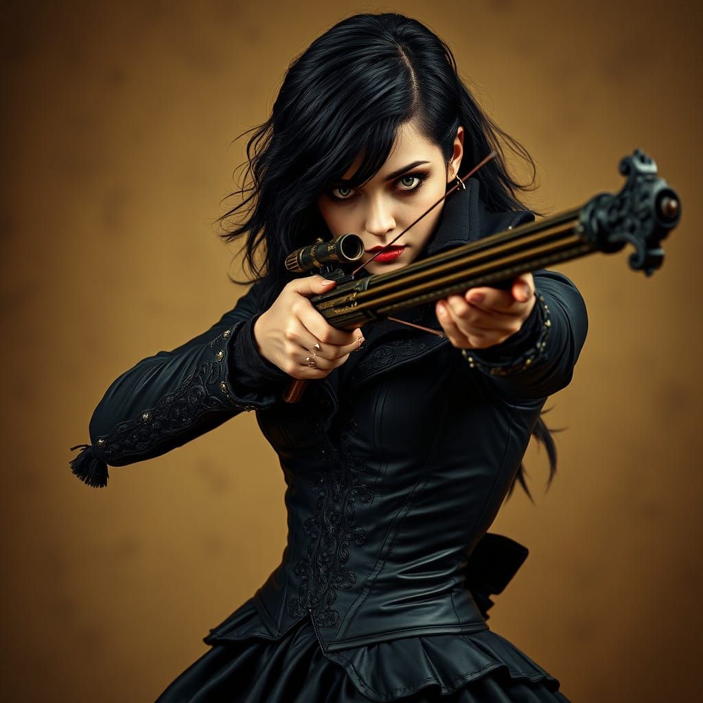 Steampunk Assassin in Victorian Corset Aims Crossbow