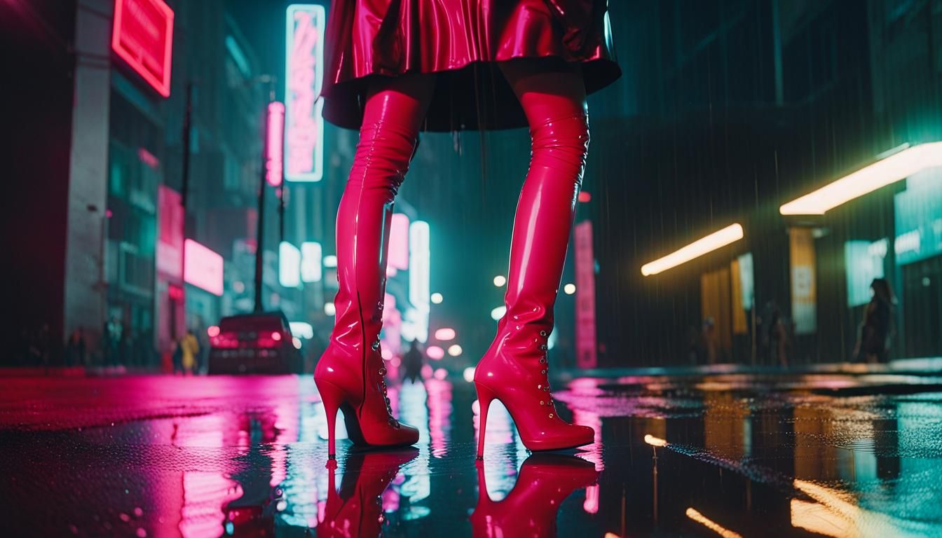 Women in Latex Boots Stroll a Neon City