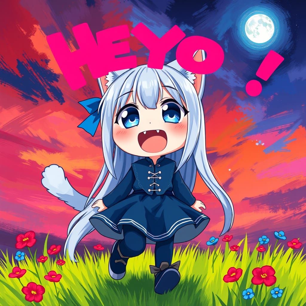 Anime Catgirl Exclaims HEYO! in Fauvist Style