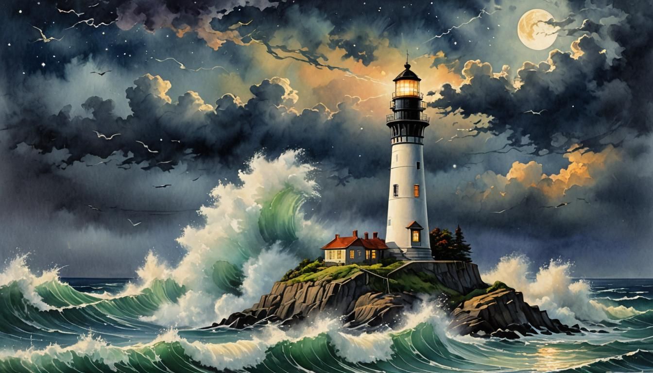 Dramatic Lighthouse Overlook in Impasto Watercolor Style