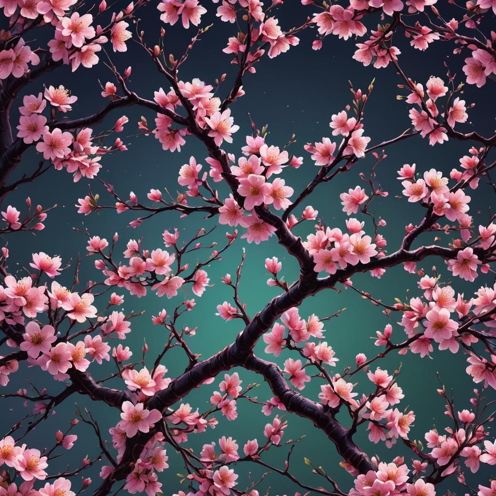 Cherry Blossom Tree with Fluorescent Edges in Fantasy Art