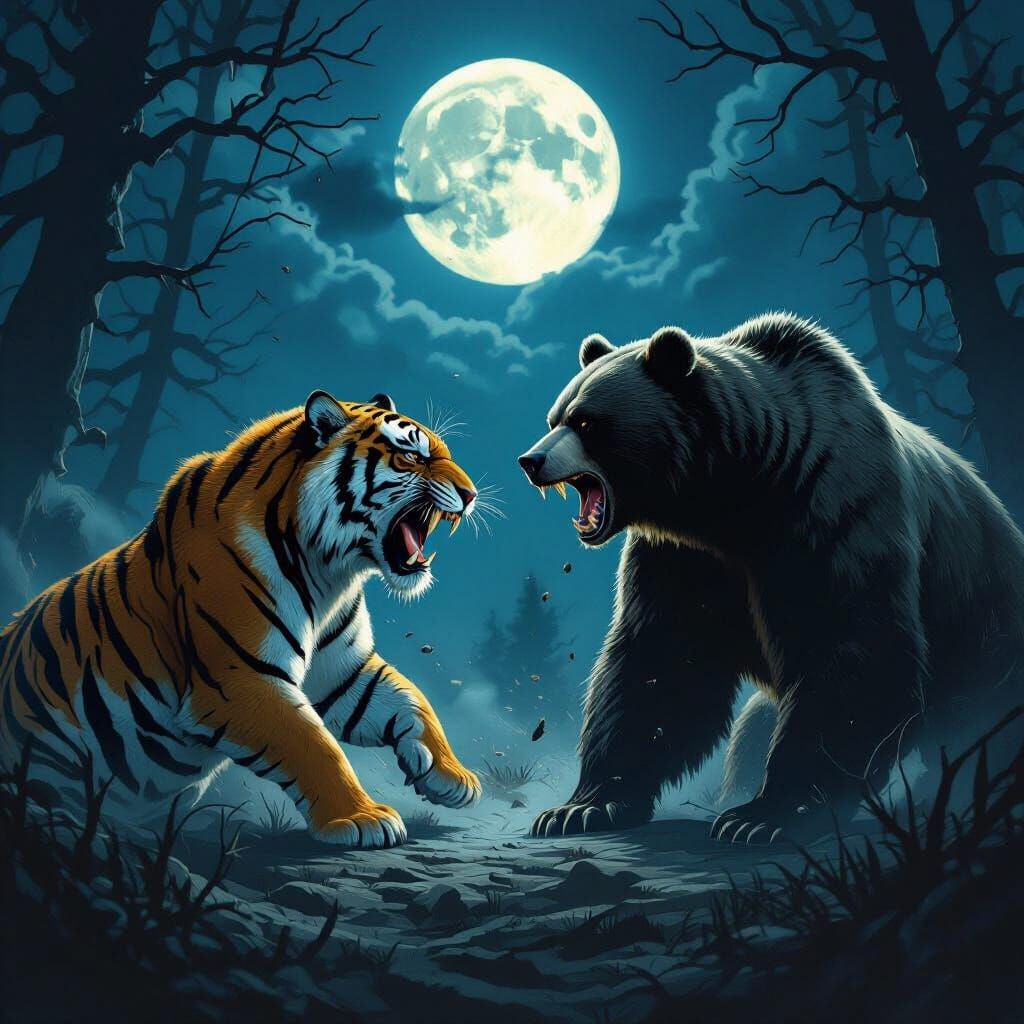 Tiger and Bear Clash Under Moonlight