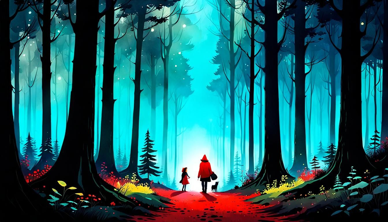 Little Red Riding Hood in Bioluminescent Forest