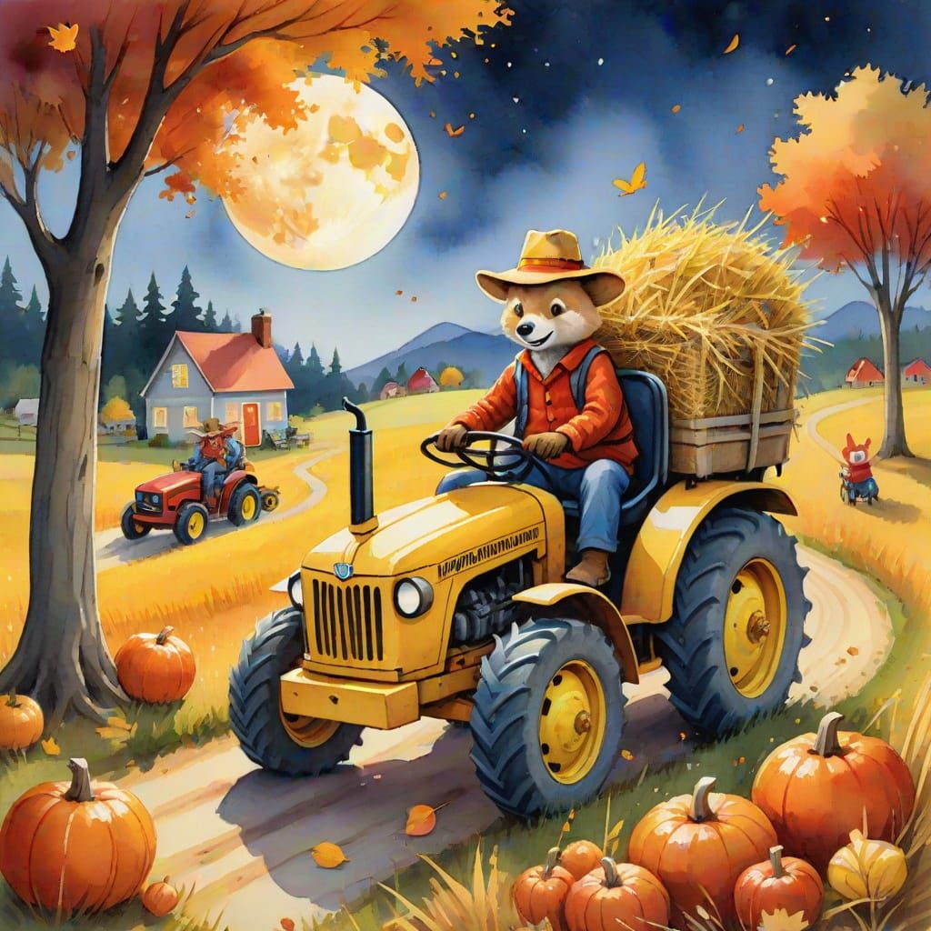 Autumn Hayride with Woodland Creatures in Watercolor Style