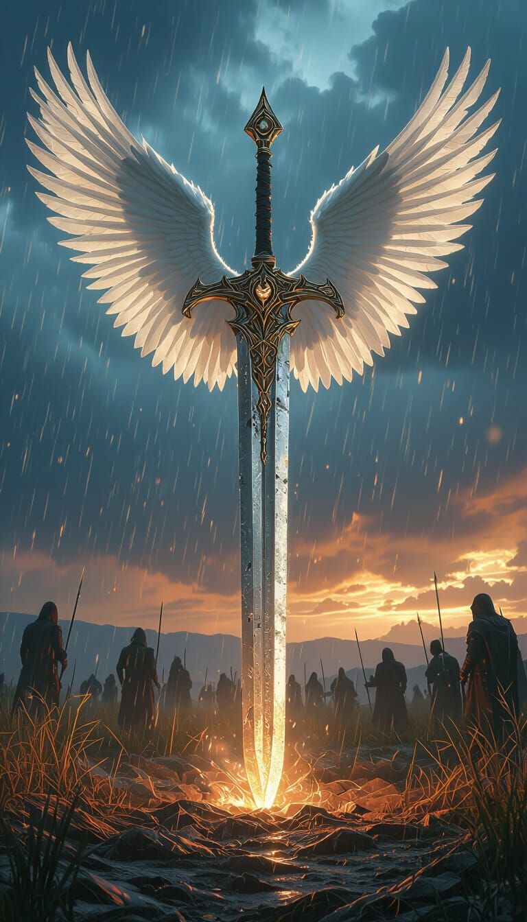 Angelic Holy Sword in a Rainy Battlefield