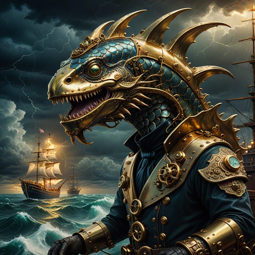Steampunk Sea Creature Protecting Sailors in Storm
