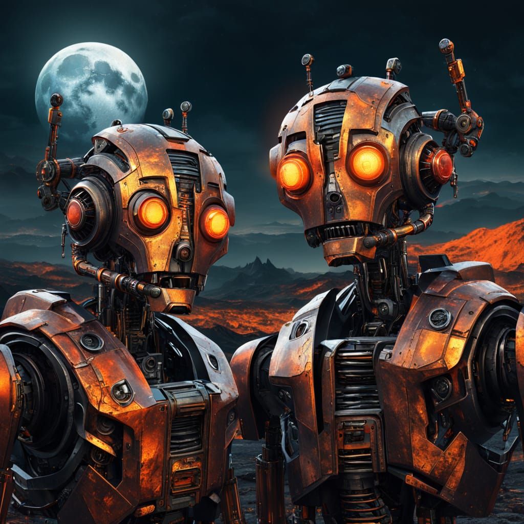 Sci-Fi Robot Heads in Fiery Landscape