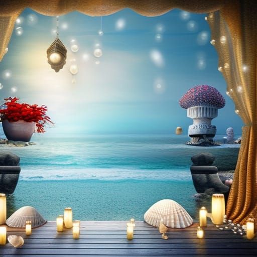 Ethereal Beach Bedroom for a Queen: Maximalist Digital Paint...