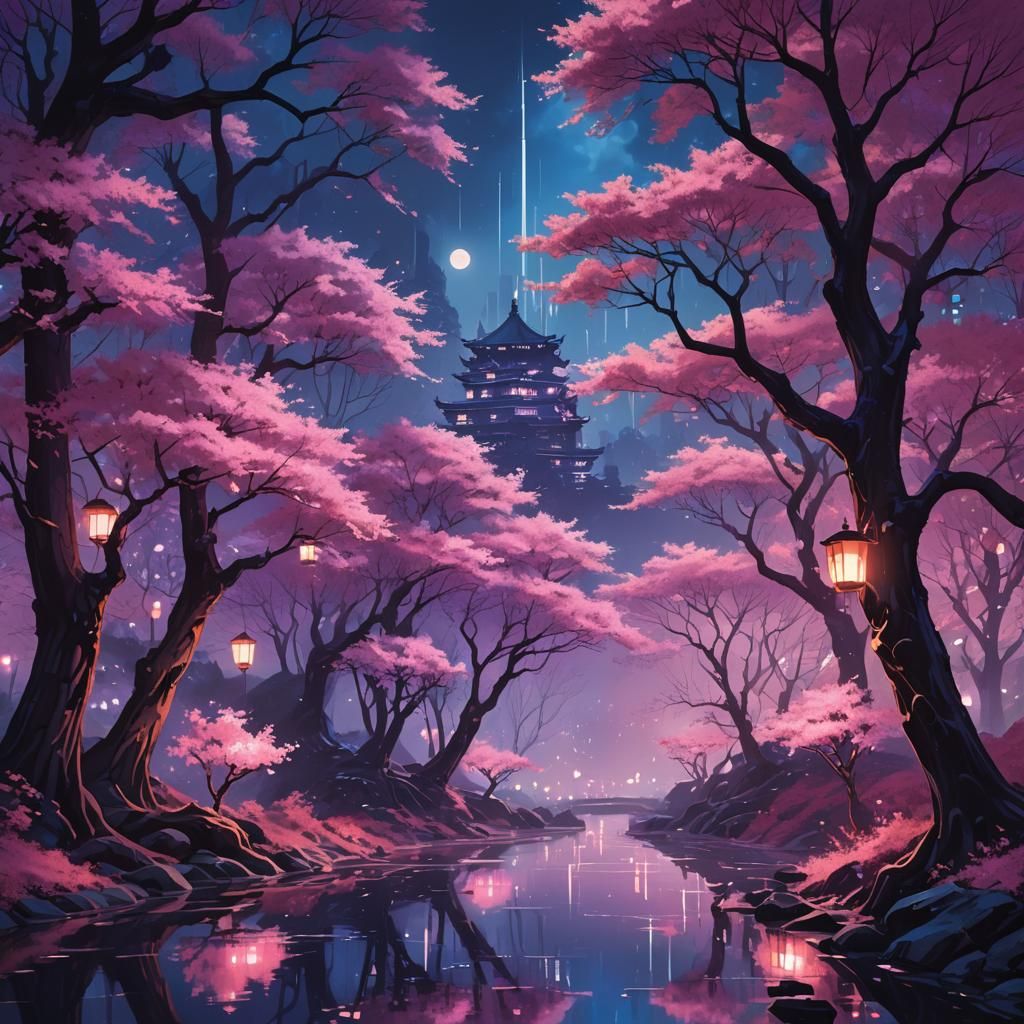 Glowing Sakura Trees in a Neon Fantasy Forest